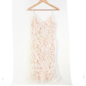 Alluring Love White and Nude Lace Trumpet Hem Midi Dress